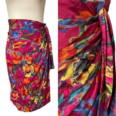Emanuel Ungaro Vtg 80s Faux Wrap Skirt Sz 4 Red Multicolor Floral Ruched Altered