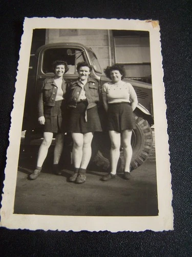 WW2 Military 3 Women Outside Truck Vintage Photo