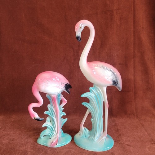 2 Vintage 1950's Pink Flamingo Ceramic Figurines 12" & 7.5" By Brad Keeler