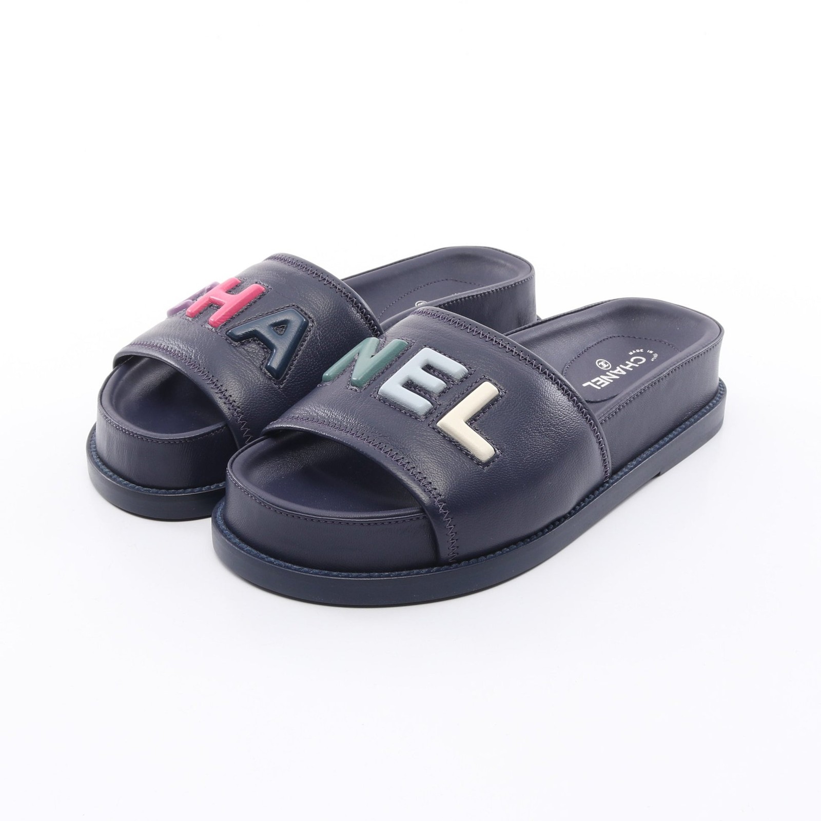 CHANEL Dark Navy Multicolor Leather Logo Slide Sandals-image