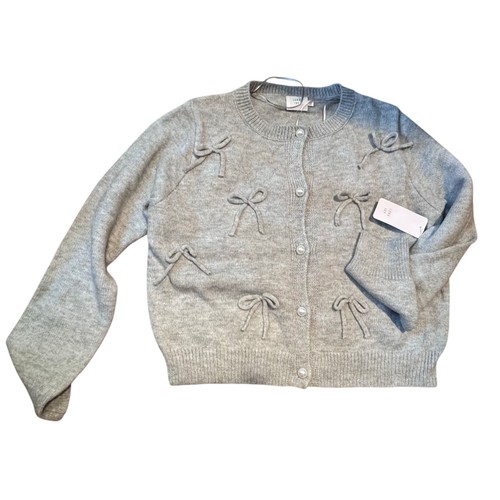 Gray Womens Cardigan Sweater Faux Pearl Button Closure with Embroidered Bows XS - Picture 3 of 5
