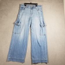 American Eagle Jeans Womens 8 Light Blue Wide Leg Cargo Dreamy Drape Denim