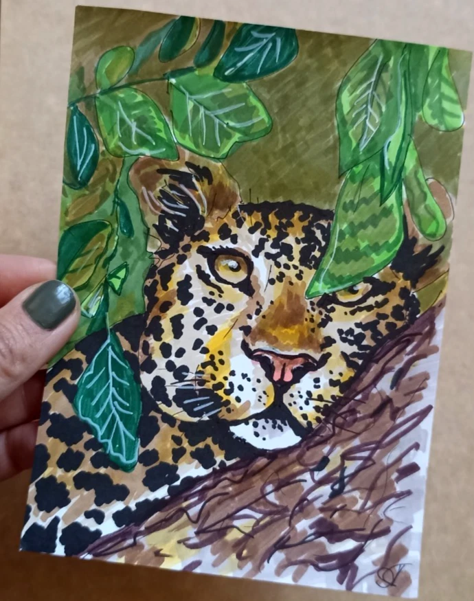 Retrato de leopardo animal África pintura original arte pintado a mano pequeño 6x4"" Foto 2 de 4