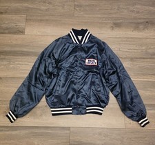 Vintage Bud Light Satin Bomber Jacket XL Blue USA Snap Front 80s Beer Promo