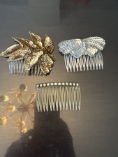 Vintage Hair Comb Lot 3pc Sequin Gold Leaf Silver Butterfly Rhinestone Retro
