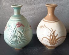 Mini Pottery Celadon & Tan Vases Adorable & Signed Set Of 2 Crackle Glazed