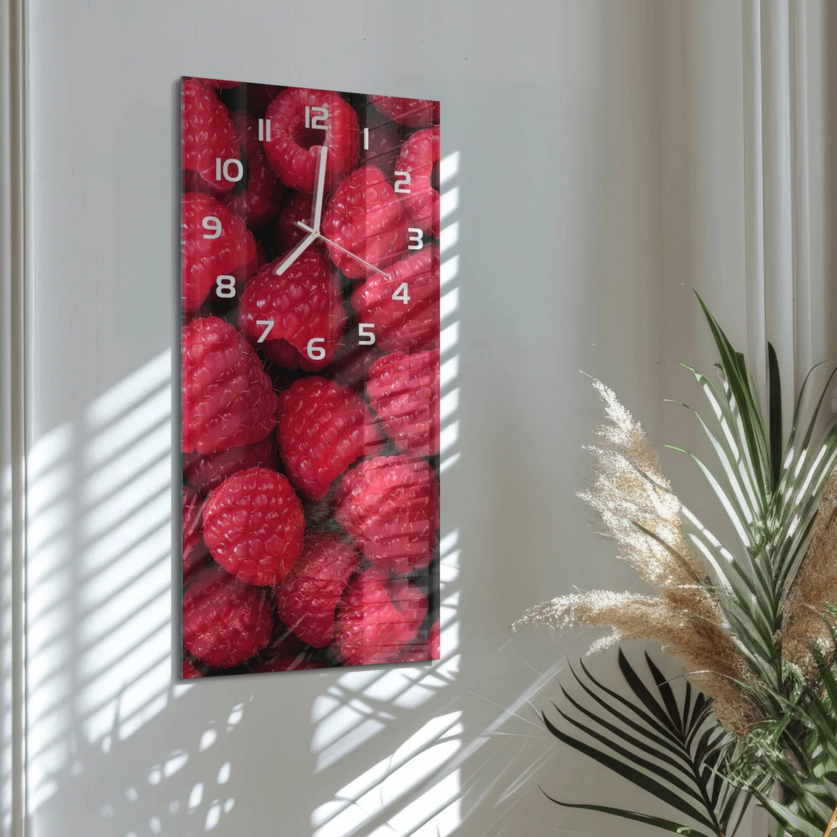 Reloj de Pared Rectangular Vertical Vidrio Templado Premium Frambuesas 30x60 cm