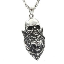 Mens Viking Tribal Wolf Head Skull Pendant Necklace Men Stainless Steel