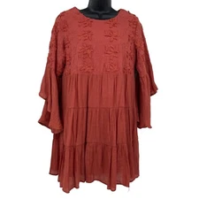 Umgee Embroidered Tiered Bell Sleeve Mini Dress Women's Small Rust Boho Babydoll