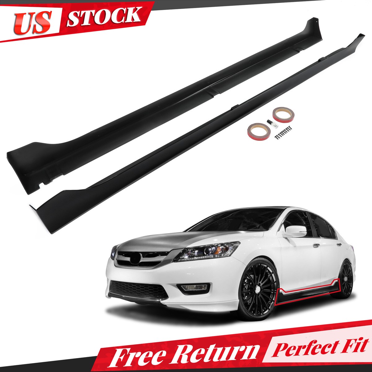 JDM Style Side Skirt Extensions For Honda Accord Sedan 2013-2017 - Black Plastic, 2-Piece Set