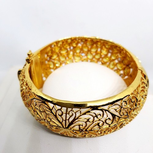 Cuff Bangle YELLOW SAPPHIRE Simulated 24K YELLOW GOLD FILLED GP PAVE big jewelry - Picture 4 of 5