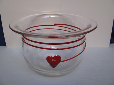 Clear Glass Art Vase Red Spiral & Puffy Heart Center Piece Bowl HM Lorup Estonia