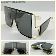 OVERSIZED Classy Modern SHIELD Style SUN GLASSES Large Big Gold Frame Dark Lens