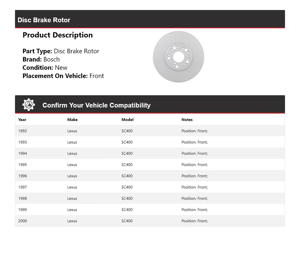 Para 1992-2000 Lexus SC400 Bosch QuietCast rotor de freio a disco dianteiro 1993 1994 1995 - Imagem 2 de 4
