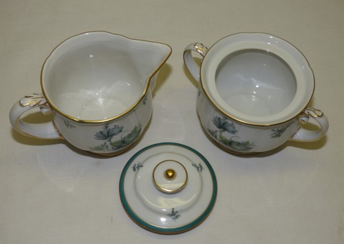 Royal Bayreuth TEAL TULIP Creamer & Sugar Bowl w/ Lid Set Germany Vtg Green Gold - Picture 6 of 10