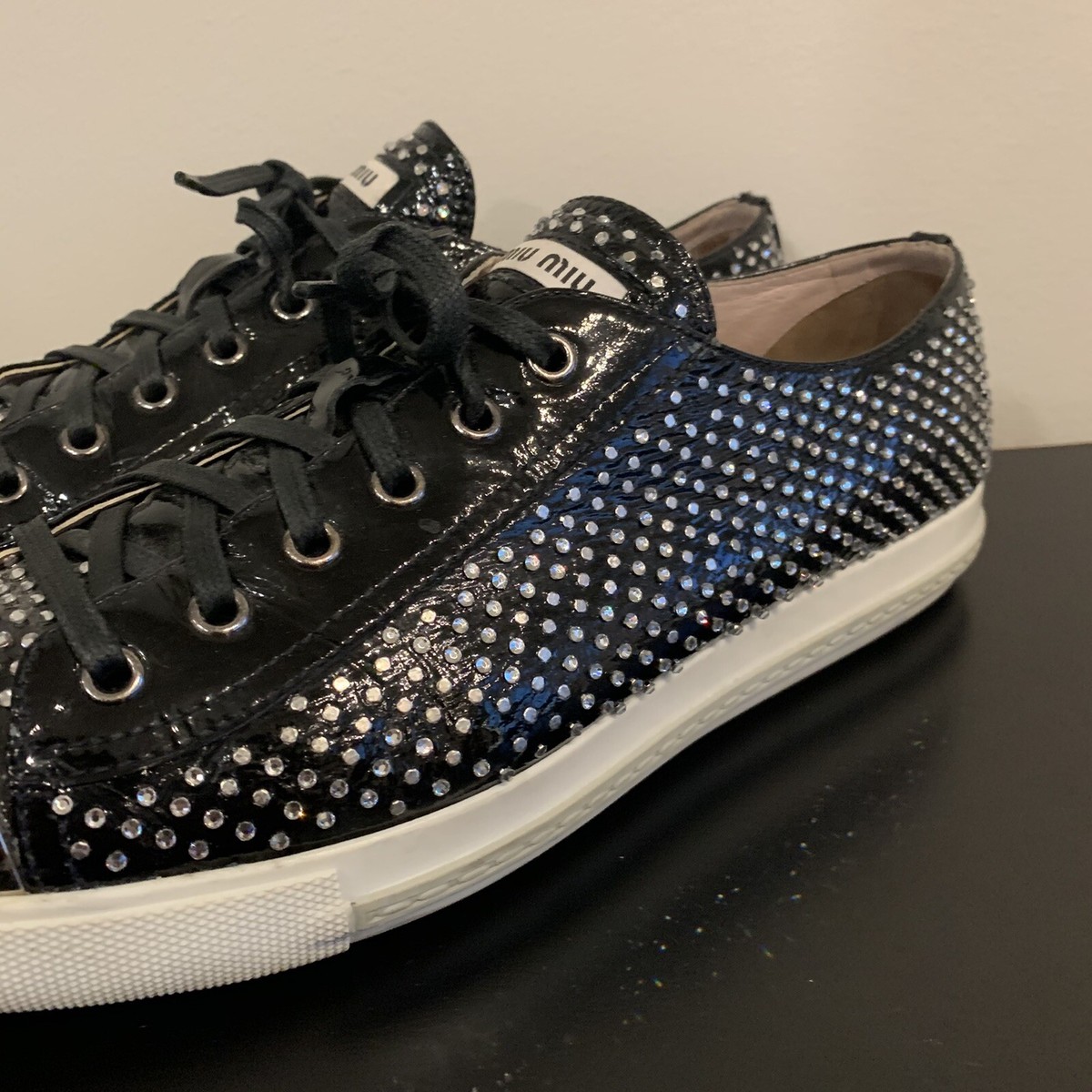 MIU MIU Womens 41 US 11 Black Patent Leather Sneakers Studded Toe