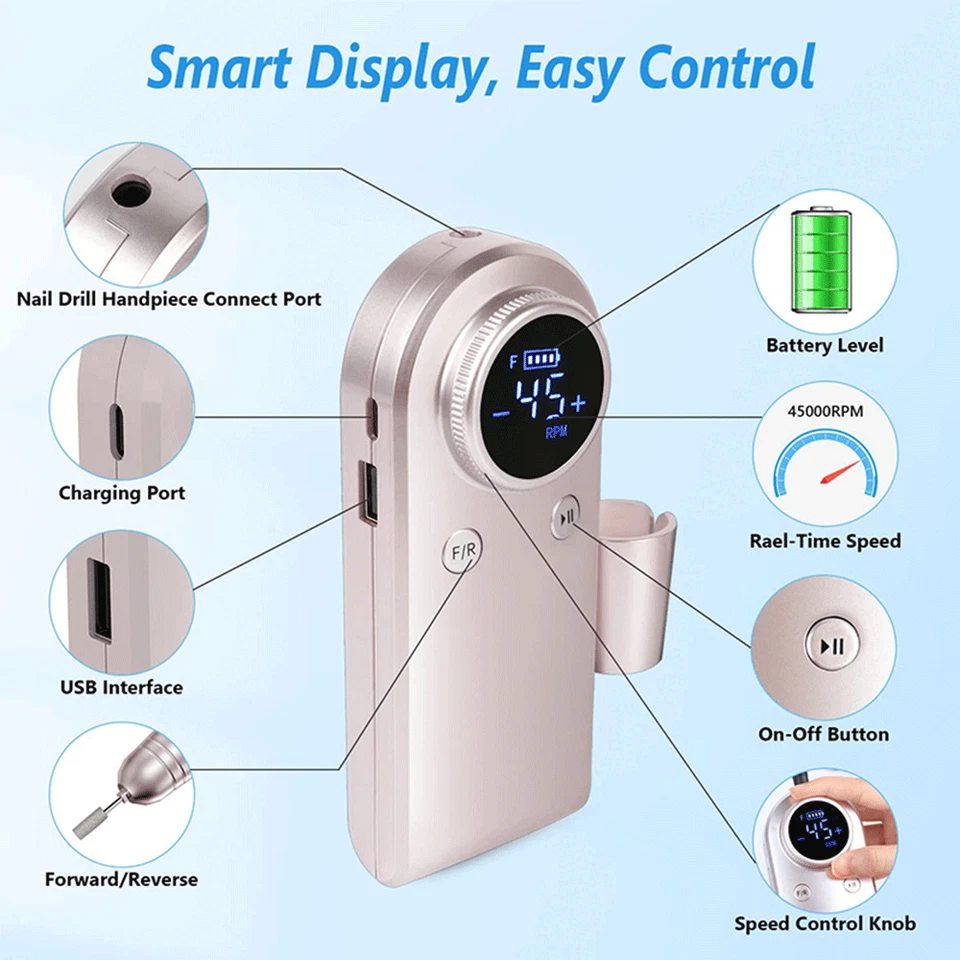 Máquina de manicura eléctrica portátil recargable de 45000 rpm lima de taladro de uñas fuerte Foto 3 de 4