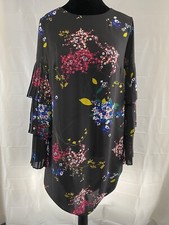 Worthington Floral Spring Women’s Lined Dress Ruffle Layered Sleeve Black Size 4