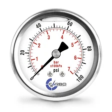 2-1/2" Pressure Gauge, Stainless Steel Case, Liquid Filled, Back Mnt 0-100 PSI