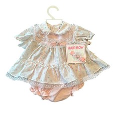 Vintage Cradle Togs Dress Set Baby 0-6M Floral Lace Bow Bloomers 3pc Cottagecore