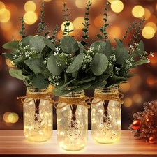 Lighted Mason Jar Centerpiece Set of 3 Eucalyptus Plant Decorative Jars Vase ...