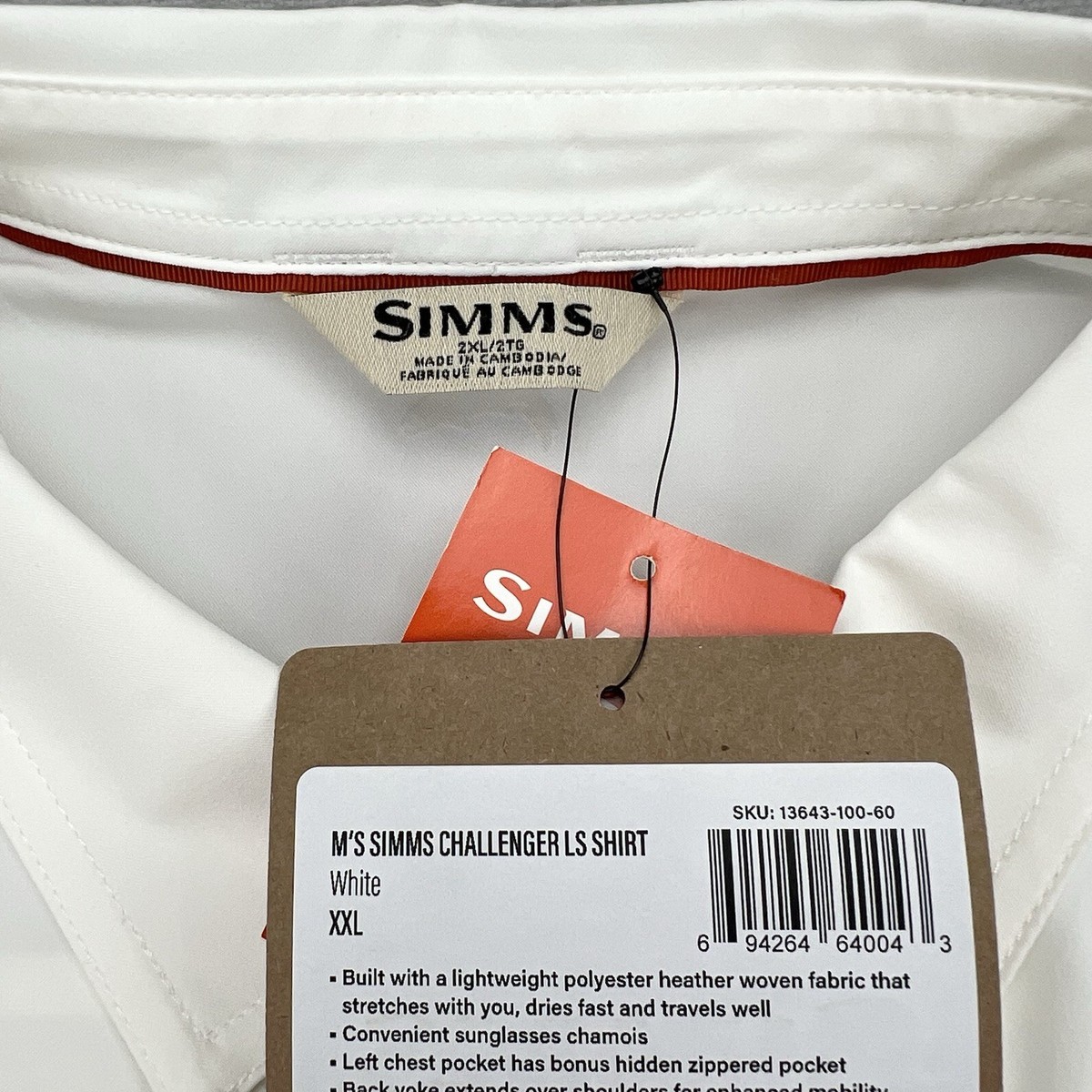 Chemise Simms Challenger Homme 2XL Blanche, Manches Longues, UPF 30 – NEUF
