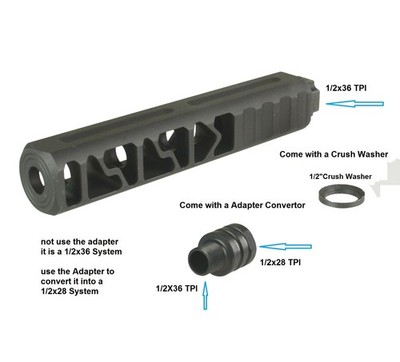Black 6'' Solid PC Low Concussion 1/2x36 TPI Muzzle Brake With Adapter & Washer