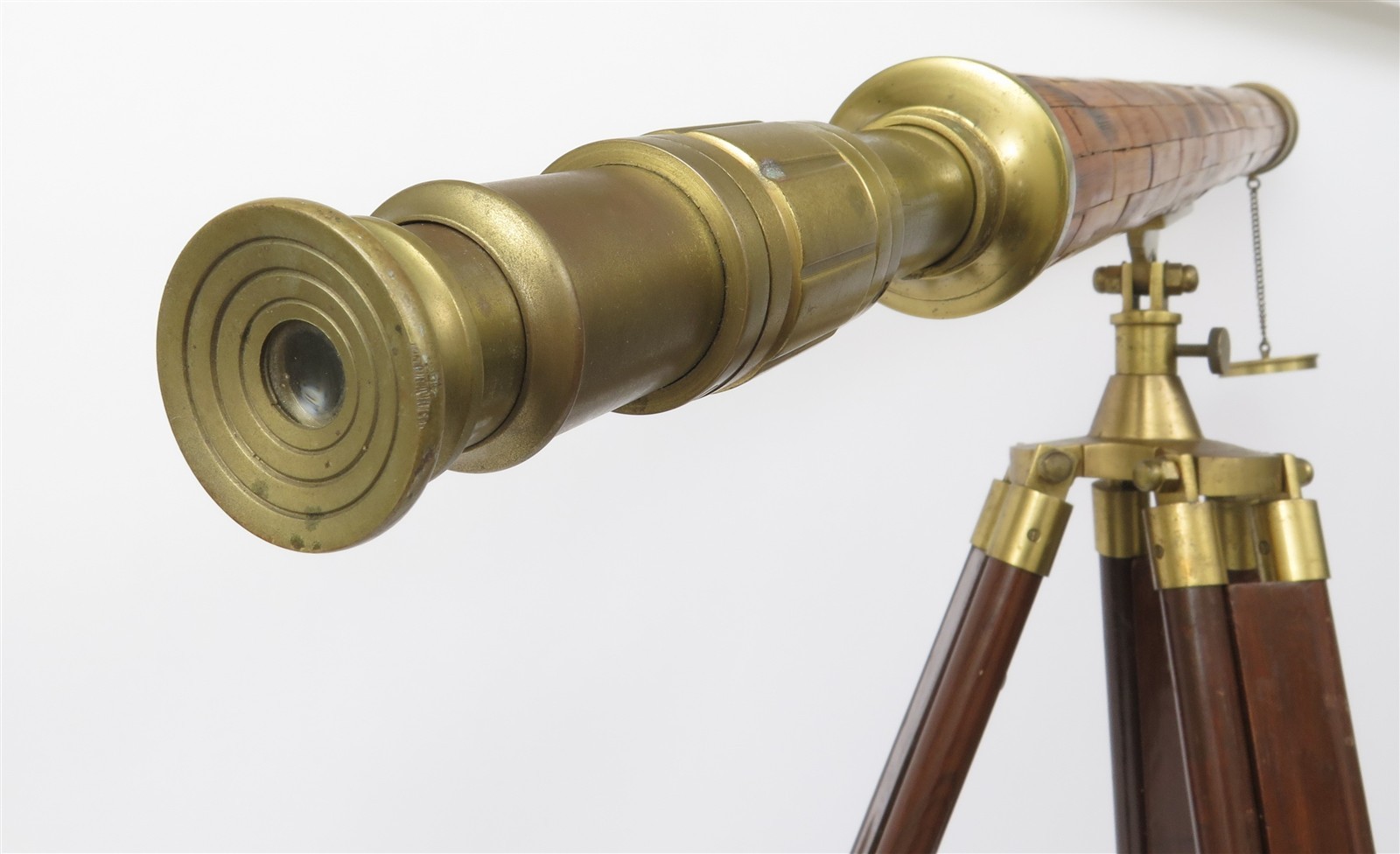 Vintage Brass Telescope c1960 Spyglass w Bamboo Inlay & Adjustable Tripod Base