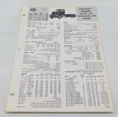 1960's DIAMOND T 1046FL ULTRA LITE THOUSAND-LINE SERIES Truck Data Spec Sheet