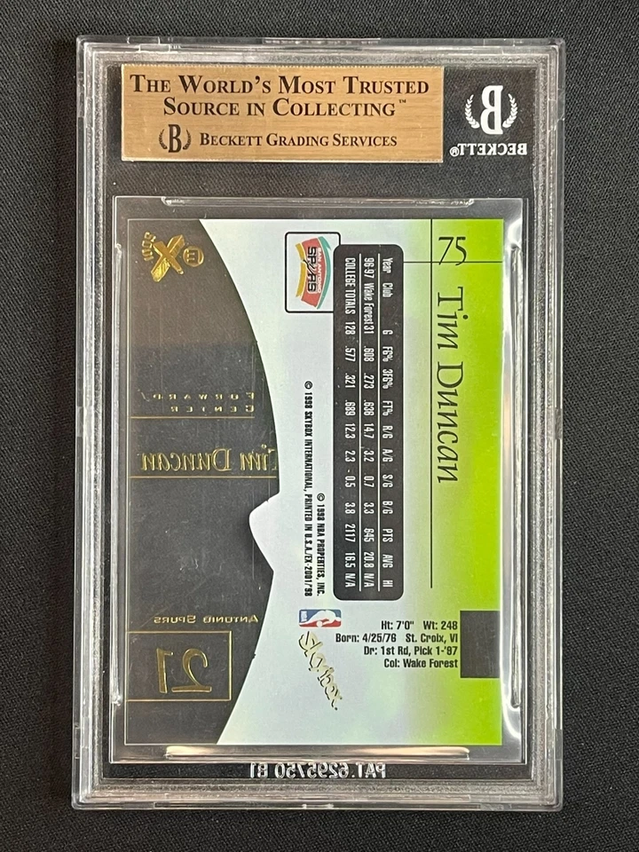 Tarjeta de novato BGS 9,5 TIM DUNCAN 1997 E-X2001 SKYBOX NBA SPURS RC #75 GEMA COMO NUEVA 1 Foto 2 de 2