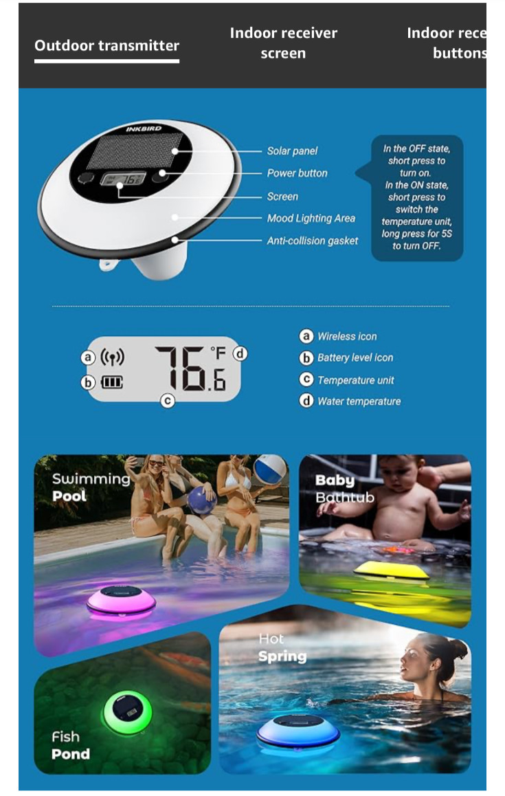 INKBIRD IBS-P05R Solar Powered Wireless Pool Thermometer with Ambient Light | Di