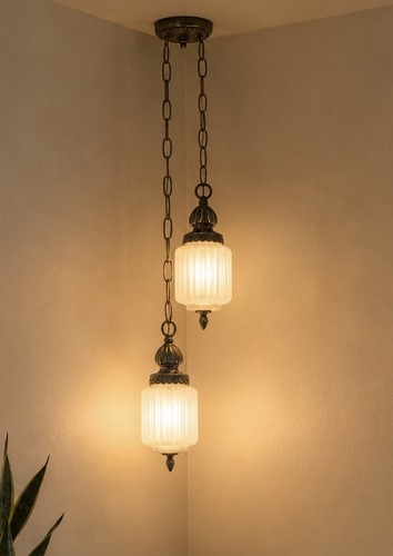 Vintage Opal Iridescent Ribbed Glass Globes Double Swag Pendant Light Fixture