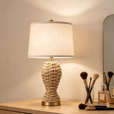 Rattan Table Lamp with Beige Shade for Dining Room