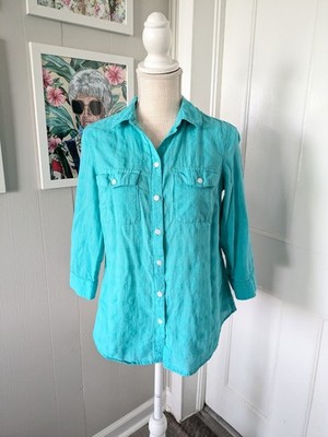 Croft & Barrow Blue Cotton Shirt Women's Small Button up 3/4 Sleeve Collared Top
