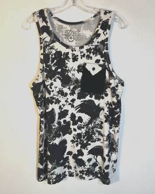 LRG Lifted Research Group Men's Black White Cotton Floral & Bird Print Tank Top