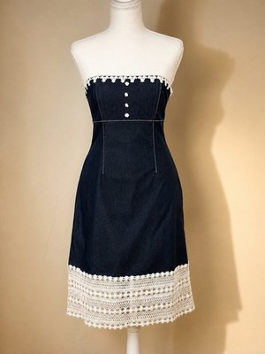 Vintage Moda International Dress Size 6 Denim Strapless Lace Trim Y2K 