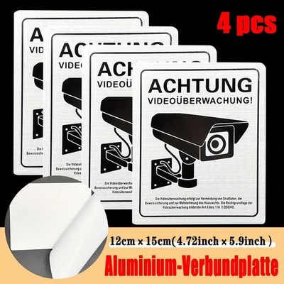 4x German Warning Signs ATTENTION VIDEO SURVEILLANCE Self-Adhesive Camera Sticke