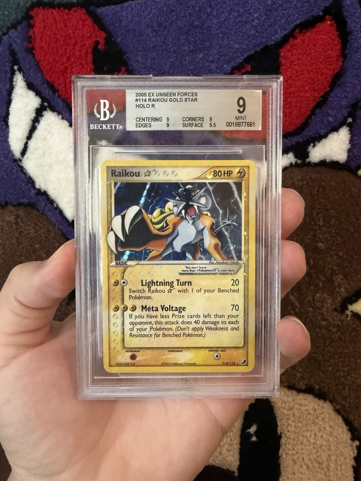 Nintendo Pokemon Raikou Gold Star Holo 114/115 EX Unseen Forces BGS 9 2005