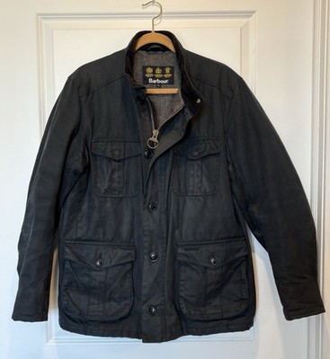 Barbour Waxed Jacket L Navy Blue Men's Dunnon Four Pocket Field Coat Quilted