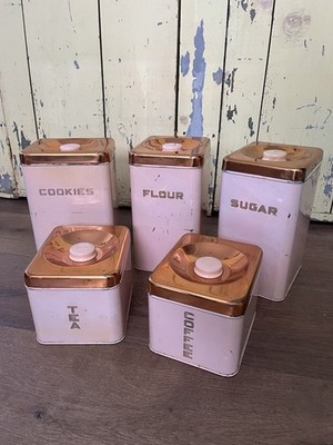 1950s Vintage Pink & Copper Lincoln Beautyware Kitchen Canisters