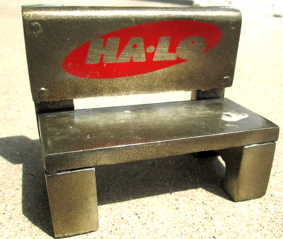HA-LO LOGO PNG SVG Imprinted on a Park Bench for Display Advertising Promotional