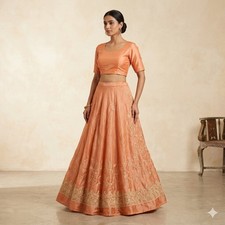Sanskriti Vintage Orange Pure Silk Unstitched Lehenga Hand Embroidered Zardozi