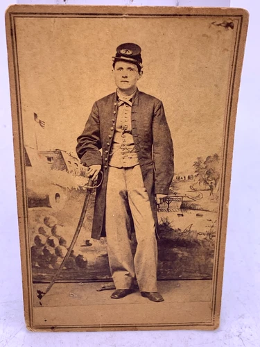 Antique Civil War CDV Photograph Soldier in Forage Cap U.S. Patch w/ sword