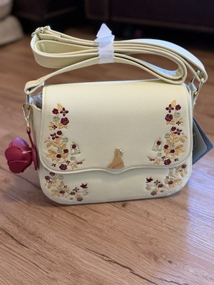 Loungefly Disney Parks Beauty and the Beast Floral Crossbody Bag Beige Burgundy