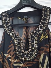 F&F Geometric Beaded V-Neck Sleeveless Midi Dress Lightweight Black/Brown M