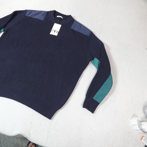 Zara Pullover Herren XL blau gerippt Colorblock Rundhals Ellenbogen Patch Fischer dick - Bild 2 von 12