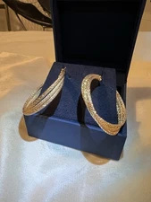 Signed Solid 18k Two-tone Yellow Rose Gold Heavy Textured Twist Hoop Earrings