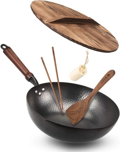 Carbon Steel Wok Stir Fry Pan Flat Bottom Iron with lid for Electric Stove