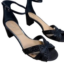 Jewel Badgley Mischka Womens Black Satin Rhinestone Block Heel Sandals 9 NWOT