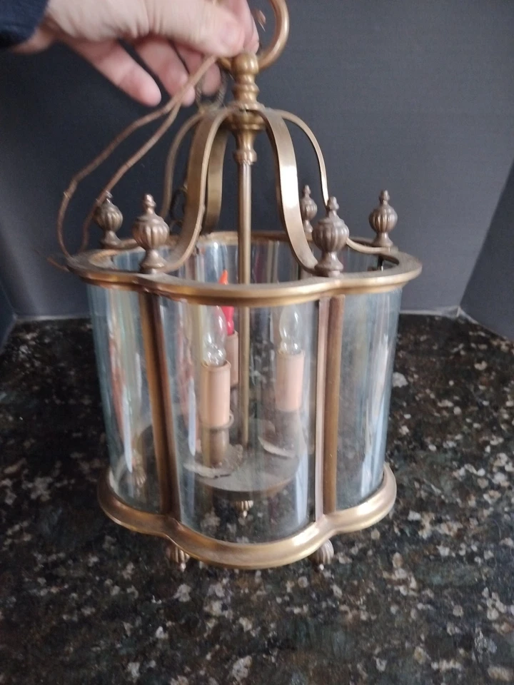 Потолочный светильник лампа латунь 3 лампы изогнутое стекло 6 сторон причудливое цепное фойе 14 дюймов - Изображение 4 из 4